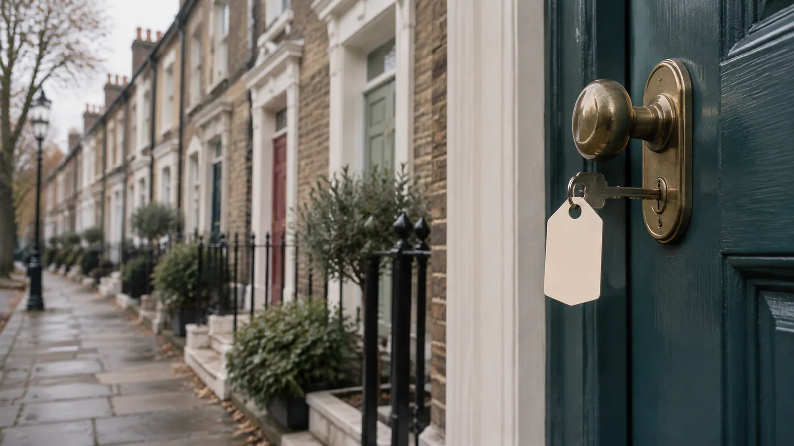 A quiet street of English terraced houses with a blank key tag hanging from a door key