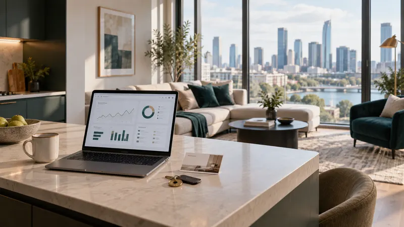 A bright serviced apartment with a laptop showing a performance dashboard on the kitchen island