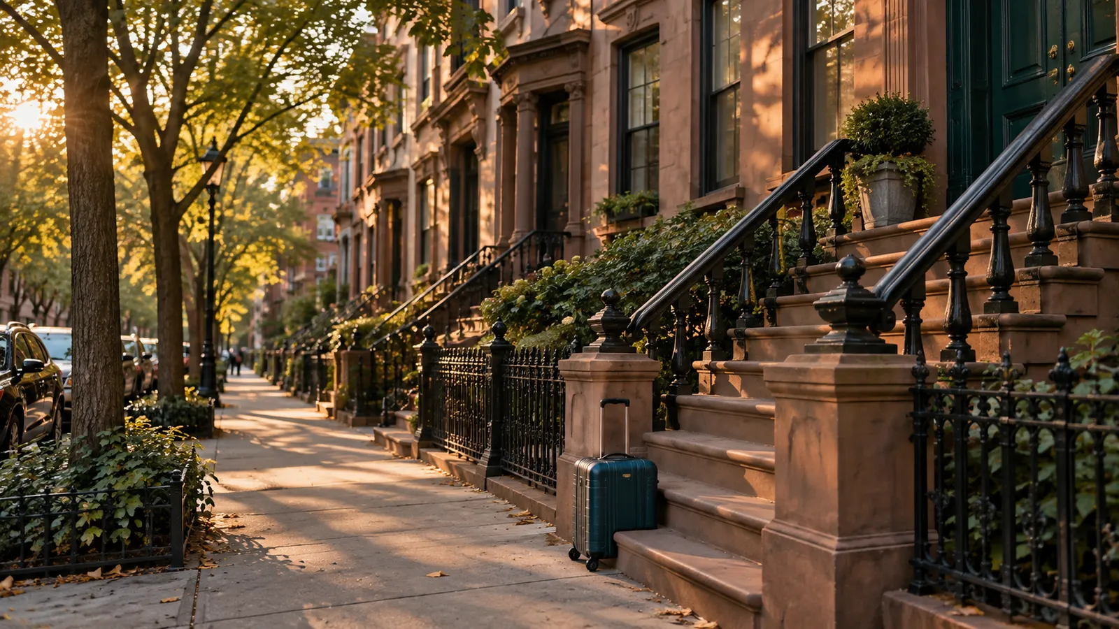 Brooklyn brownstone steps at golden hour with a small suitcase on the pavement