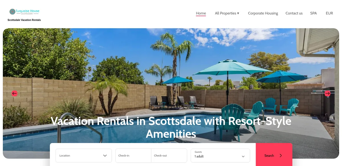Real vacation rental website home page with a hero photo of a pool and a search bar for dates and guests