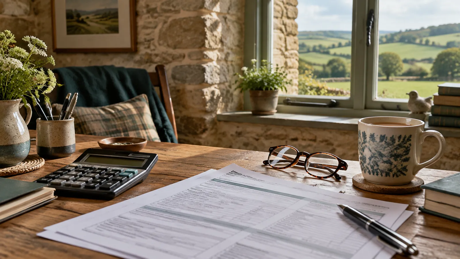 Desk in a stone holiday cottage with a calculator, tax paperwork, glasses and a cup of tea