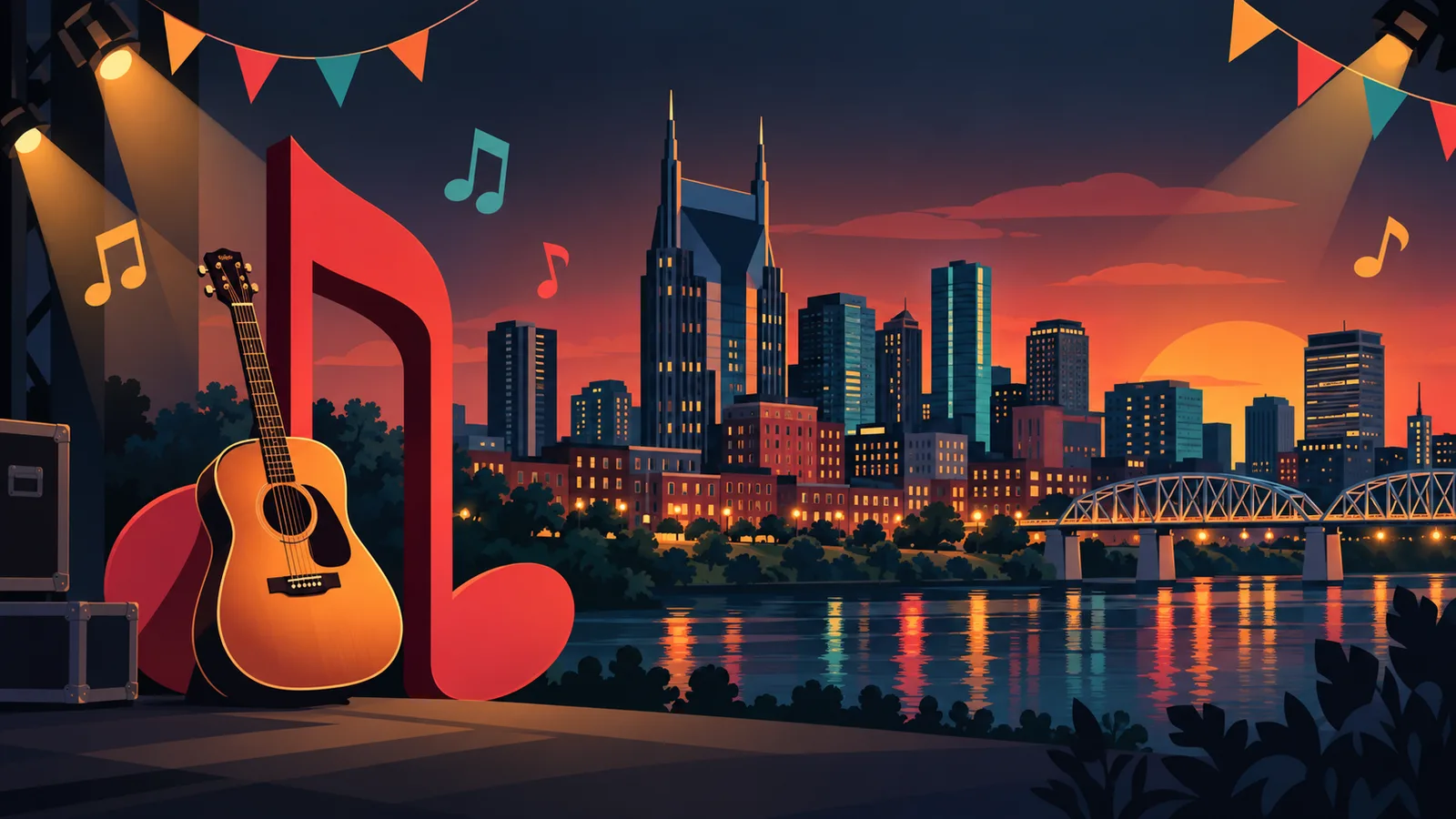 Colorful illustration of the Nashville skyline at sunset with an acoustic guitar, music notes and stage lights